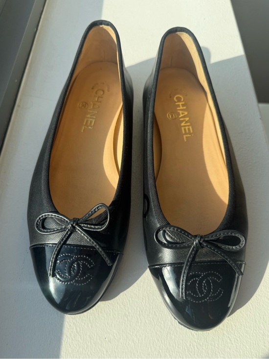 CHANEL Shoes - CHANEL Black Leather with Patent Cap-Toe
